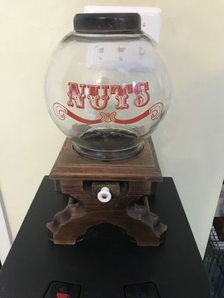 Vintage Wooden Nut Candy Dispenser With Large Glass Globe Bar Salon Tavern Pub