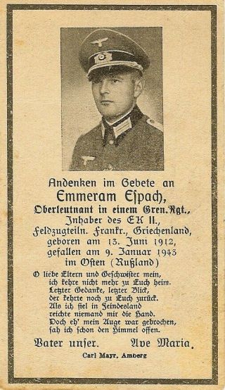 Death Notice: Wehrmacht Oberleutnant In Grenadier Regiment; Kia In Russia 1943