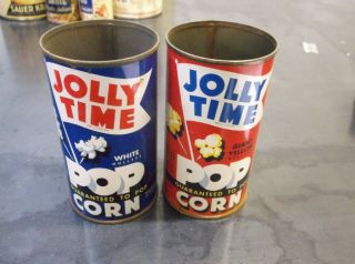 Vintage Jolly Time Pop Corn Tin Cans.  Red And Blue Style.  White And Giant Yellow
