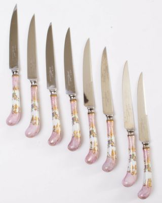 Set Of 8 Sheffield England Steak Knives Porcelain Knife Handle Pink & Gold 8.  5 "