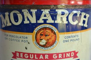 Vintage Monarch Tin Coffee Can W/ Lion Logo 1 Pound Regular Grind