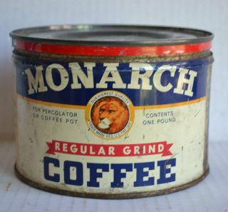 Vintage MONARCH Tin COFFEE CAN w/ LION Logo 1 Pound Regular Grind 2