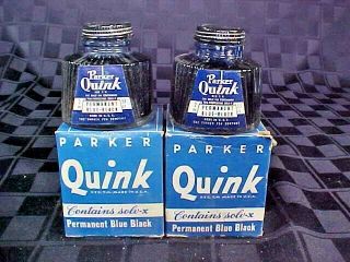 2 Parker Quink Ink Bottles - Vintage Labels - 2oz Full - Blue Black Ink