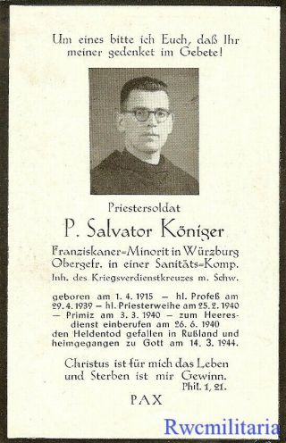 Death Notice: Wehrmacht Obergefreiter Priest In Sanitäts - Komp; Kia Russia 1944
