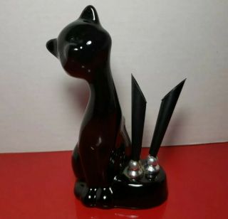 Vintage Mid Century Modern Black Cat Pottery Ceramic Desktop Pen Pencil Holder