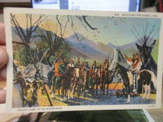 Vintage Old Postcard Colorado Indian Camp In The Mountains Signal Fire Horses