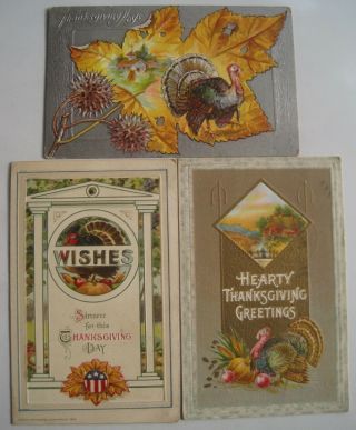 3 Old 1910s Thanksgiving Postcards With Turkey; Fall Leaves; Embossed; 2 Winsch