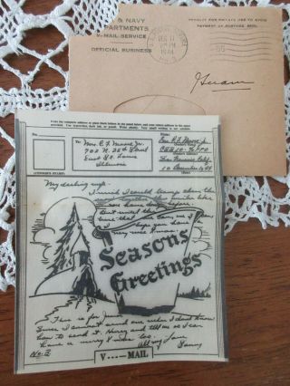 Ww Ii War & Navy V - Mail Service Greeting Card & Envelope 1944 Christmas Drawing