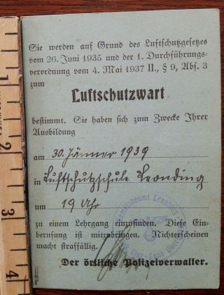 Vintage Wwii German Luftschutzwart Identification Card Air Raid Warden