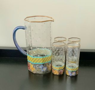 Mackenzie Childs Glass Juice Pitcher 4 Glasses Set Garland Floral
