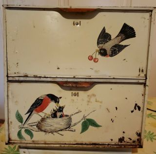Maid Of Honor Vintage Metal Double Door Bread Box Estate Find Red White Robin