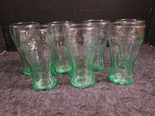 Set Of 7 Vintage Green Glass Coca Cola Collectible 4.  5” 6 Oz Mini Coke Glasses