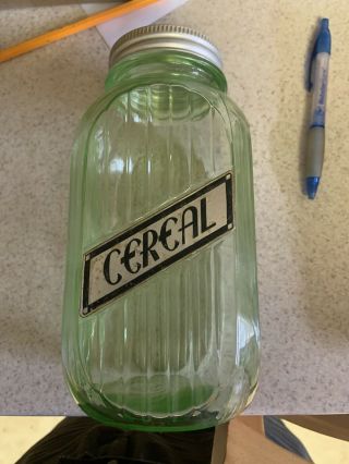 Large 40 Oz.  Hoosier Green Ribbed Cereal Depression Glass Canister Jar - 8 "