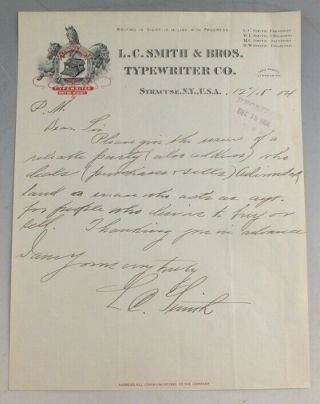 Signed Handwritten Letter By L.  C.  Smith On Smith & Bros Typewriter Letterhead