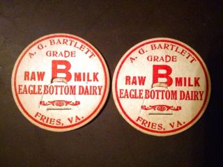 2 Rare A G Bartlett Grade B Raw Milk Bottle Cap Eagle Bottom Dairy Fries Va Lot4