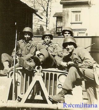 Battle Buddies Us Soldiers W/ Weapons Posed In Willys Jeep; Germany 1945