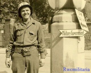 Best Us Helmeted Mp Posed On Street,  Falkenstein,  Germany 1945