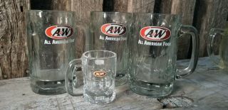 Vtg - 3 A&w All American Food Glass Mug 6 " 1 A&w Root Beer Mug 3 1/2 " Depuis 1956