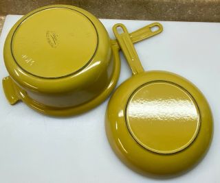 2 Mcm Kitchen Descoware Cast Iron Enamel Mustard Yellow Pot & Sauce Pan Belgium