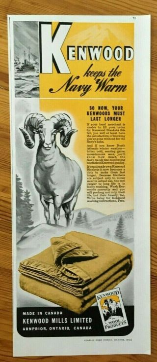 1942 Canada Canadian Ad Wwii Kenwood Blankets Arnprior Ontario Keep Navy Warm