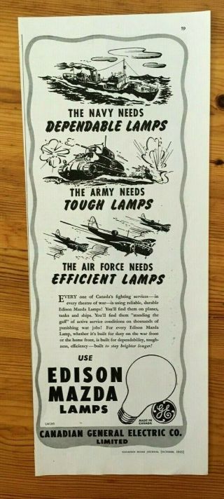 1943 Canada Canadian Ad Wwii Patriotic Edison Mazda Lamps Navy Rcaf Army