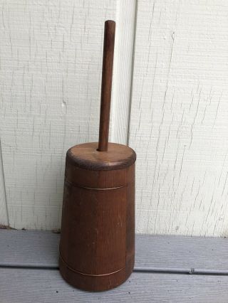 Vintage Wooden Butter Churn Metal Bands With Dasher & Lid