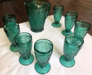 9 Pc Set,  Tiara Glass Spruce Pitcher And 8 Tumblers,