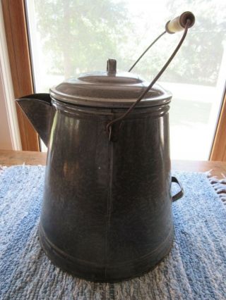Vintage Enamel Graniteware X Large Double Handle Cowboy Coffee Pot Gray Speckled