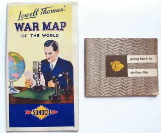 Vintage Ww2 Lowell Thomas War Map Of The World & Us Army Civilian Life Book