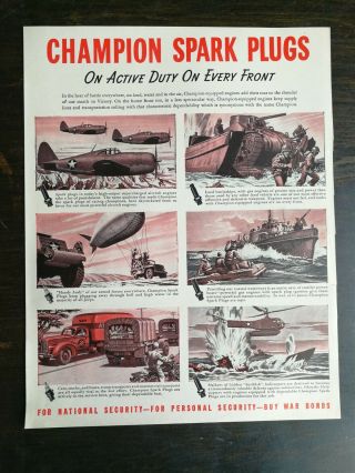 Vintage 1943 Champion Spark Plugs Wwii World War 2 Full Page Ad