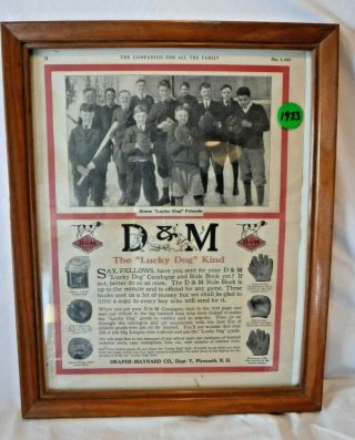 Vintage D & M Lucky Dog Sporting Goods Baseball Advertisement 1923 Framed Ad