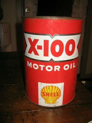 Vintage Shell X - 100 Motor Oil 5 Quart Can Advertising Made In Usa Red 5qt
