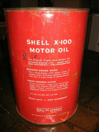 Vintage Shell X - 100 Motor Oil 5 Quart Can Advertising Made in USA Red 5qt 2