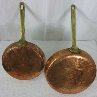 Vintage Tin Lined Hammered Copper Pan Set Brass Handles Frying Pans 10 " & 11 "