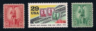 2 Wwii War Savings Stamps,  1993 U.  S.  Postage Stamp Picturing Them