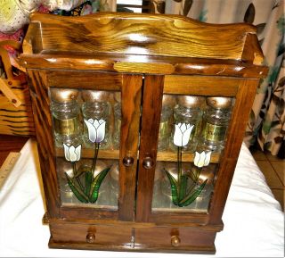 Vintage Wooden Spice Rack Cabinet With Glass Doors And 12 Glass Bottles