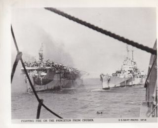 Wwii Us Navy Photo Uss Princeton Aircraft Carrier On Fire & Sunk 632