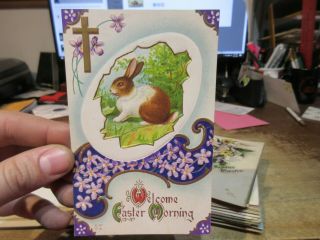 Old Postcard Victorian Era Happy Easter Sunday Bunny Rabbit Cross Purple Violets
