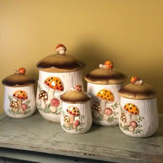 Vintage Merry Mushroom Ceramic Canister Set Of 5 Sears Roebuck And Co.  1978
