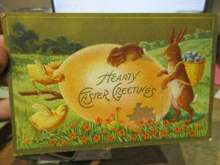 Old Postcard Victorian Era Happy Easter Sunday Bunny Rabbit Chicks Crack Egg Dad