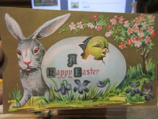 Old Postcard Victorian Era Happy Easter Sunday Bunny Rabbit Chick Baby Hatch Egg