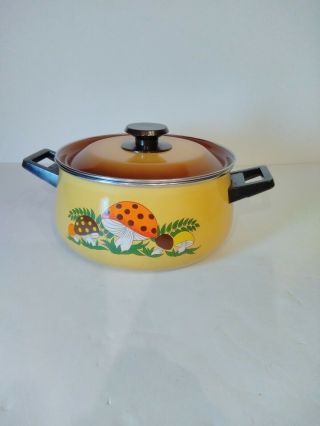 Vintage Retro Enamel Ware Pot Pan With Lid Mushroom