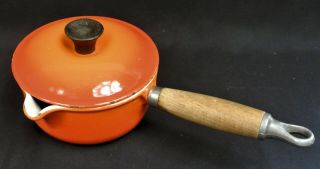 Vtg Le Creuset Flame Orange Wood Handle 14 Cast Iron Enameled Saucepan W/ Lid
