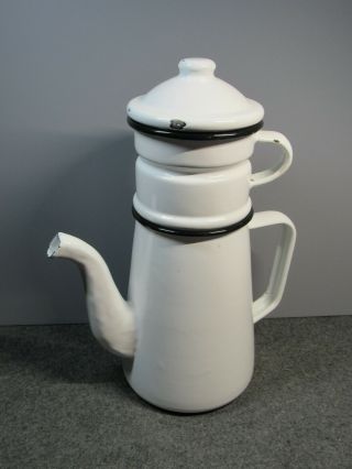 White Enamelware Tea Pot With Black Trim