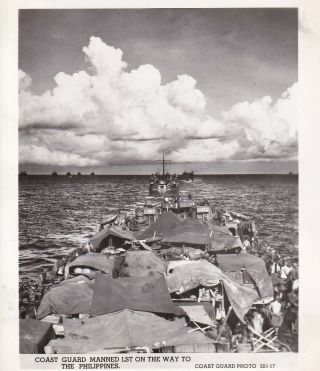 Wwii Us Coast Guard Photo Lst Ship Loaded W/ Trucks For Philippines 690