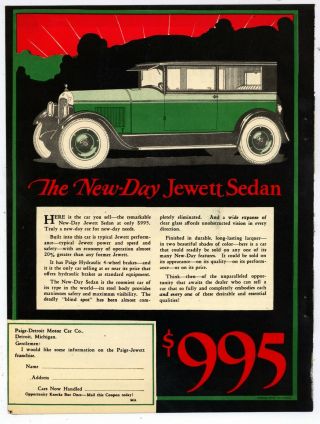 1925 Jewett Motor Cars 1 Pg,  2 Sided Ad On Cardstock: Paige Detroit Motor Car Co