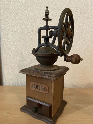 Vintage Wood & Cast Iron Antique Coffee Mill Grinder
