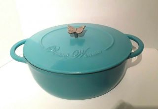 Pioneer Woman Oval Teal Enamel Cast Iron Dutch Oven Butterfly Knob Lid Turquoise
