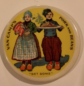 Antique Celluloid Pocket Mirror Advertising Van Camp’s Beans - Whitehead & Hoag