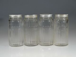 Set Of 4 Vintage Hoosier Dominion Glass Crystal Ribbed Large Spice Jars C.  1925